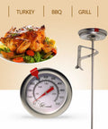 Analog 12 Inch Candy And Deep Fry Thermometer With Instant Read Dial, shown with turkey dish and temperature dial