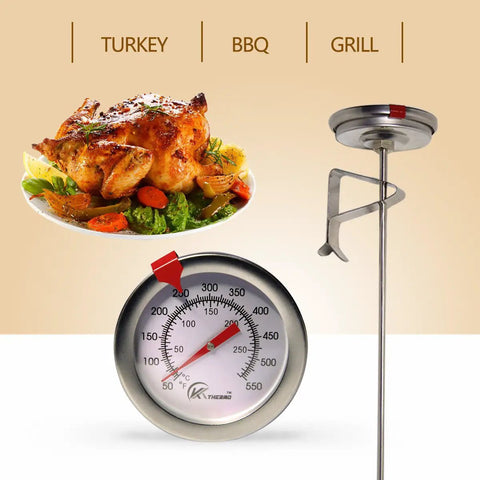 Analog 12 Inch Candy And Deep Fry Thermometer With Instant Read Dial, shown with turkey dish and temperature dial