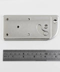 Slick 90 Degree Rotating Table Hinges Forged From Heavy Duty Cold Rolled Steel Swivel Bracket on white background with ruler for size reference.