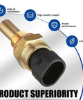 Sodcay engine temperature sensor with plug; gold-colored metal body, brass threaded portion, black plastic connector