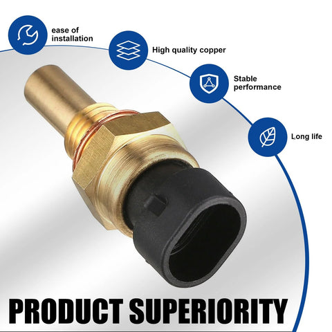 Sodcay engine temperature sensor with plug; gold-colored metal body, brass threaded portion, black plastic connector