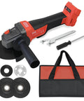 18V Cordless Angle Grinder With Brushless Motor, Eight Thousand RPM Beast For Cutting, Grinding, Polishing Metal, Includes Three Four And One Half Inch Wheels And Handy Tool Bag, Tool Only Battery Not Included, Pro Grade Performance. Image shows angle grinder with discs and tool bag.