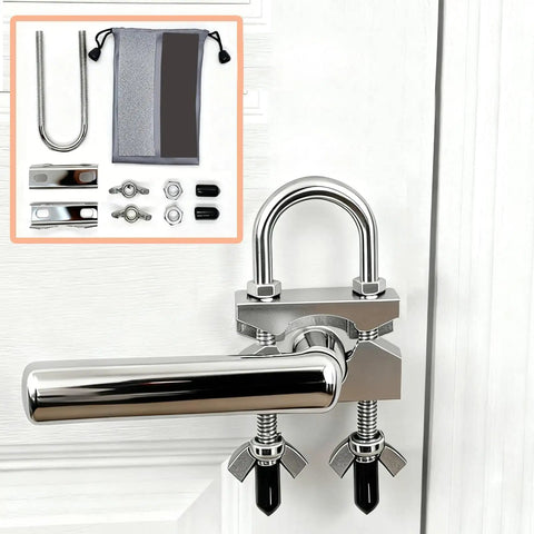 Portable Travel Door Lock Heavy Duty Security Lock For Outward Opening Doors, stainless steel with components displayed