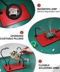 Pro Soldering Helping Hands Station with 3X Magnifier Lamp, PCB Clamp Holder, Four Soldering Arms, Adjustable Pillars on Workbench