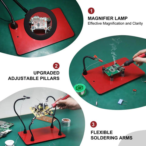 Pro Soldering Helping Hands Station with 3X Magnifier Lamp, PCB Clamp Holder, Four Soldering Arms, Adjustable Pillars on Workbench