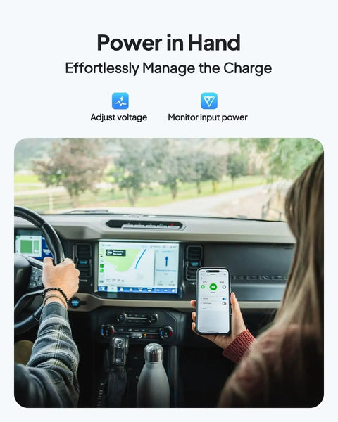 Next Level 560W Alternator To Dc To Dc Car Charger, Universal Portable Power Station Adapter layout inside vehicle with smartphone.
