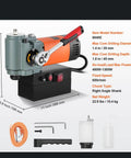 Rock Solid 1300W Portable Magnetic Drill Press With Integrated Cooling, Compact Low Profile Body, Beast Mode 10000N Base with tools and dimensions