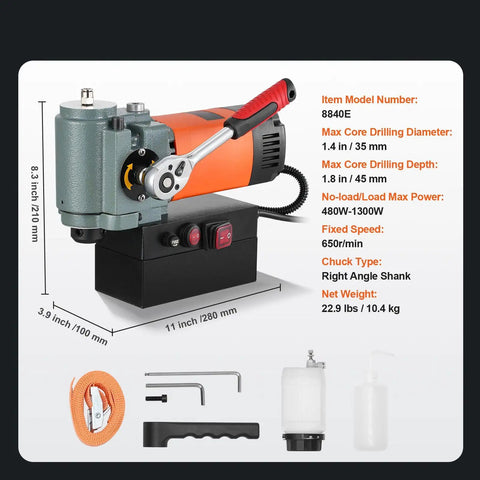 Hefty Power 1300W Magnetic Drill Press with compact design, max drilling depth 1.8 in, perfect for confined steel drilling.