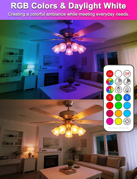 Lit Color Changing LED Light Bulbs 70W Equivalent A19 Base in RGBW mode, shown illuminating a room with color and warm white settings.