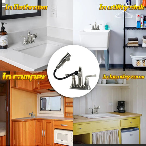 Brushed Nickel Bathroom Faucet With Pull Out Sprayer For 3 Hole 4 Inch Centerset Vanity Lavatory Sink Eco Friendly 304 Stainless Steel Construction for indoor use in various settings.