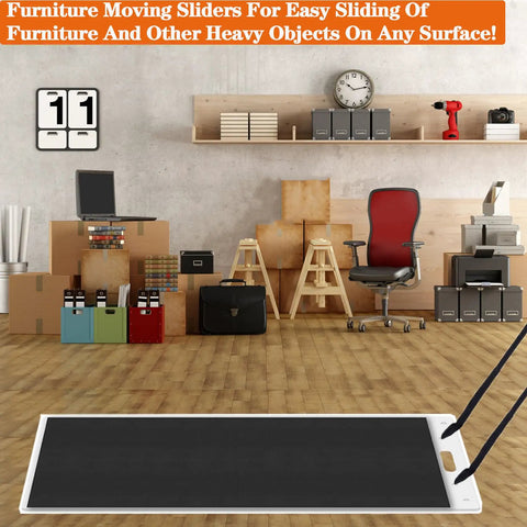 Industrial Strength Appliance Sliders With Pull Straps 49 X 30 Inch Furniture Glide Mat on hardwood floor with pull handles.
