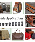 Quality Badass Gun Black Chicago Screw Kit Features Fifty Sets Of M5X4 Leather Rivet Fasteners displayed with crafted leather items.