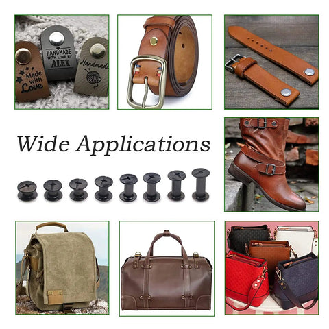Quality Badass Gun Black Chicago Screw Kit Features Fifty Sets Of M5X4 Leather Rivet Fasteners displayed with crafted leather items.