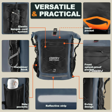 Heavy Duty Waterproof Dry Bag Backpack 35L 55L 85L with Roll Top Closure, elastic bungee cord, carabiner hook, reflective strip