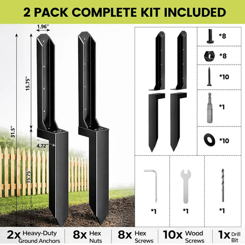 Heavy Duty Fence Post Repair Kit with Steel Ground Spike Anchors for 4x4 6x6 Wood Posts, 2 pack, no-dig installation components