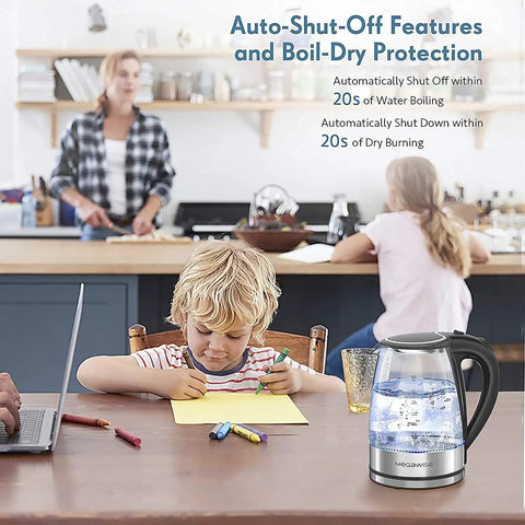 Family kitchen setting with a clear 1.8L Cordless Electric Kettle With Borosilicate Glass 1800W Fast Boil Auto Shut Off Boil Dry Protection.