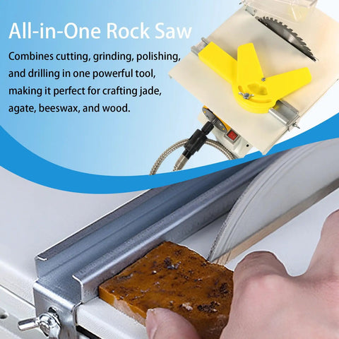 Beast Mode Lapidary Rock Saw Machine 110V 750W with adjustable speed in use for cutting a piece of amber, showcasing versatility