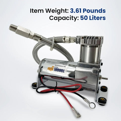 Heavy Duty 12V Air Compressor Kit For Train Horns And Air Ride Suspension, 444 CFM 120 PSI, chrome build with 50L capacity.