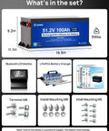 51.2V 100Ah Lithium-ion Battery Set with Bluetooth LCD Monitor, Charger, M8 Terminals, and Mounting Kits.