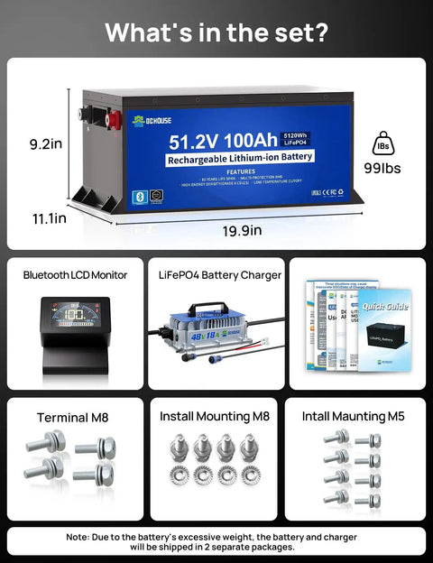 51.2V 100Ah Lithium-ion Battery Set with Bluetooth LCD Monitor, Charger, M8 Terminals, and Mounting Kits.