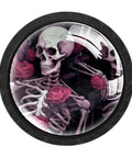 Four Piece Round Cabinet Knobs Set For Kids with skeleton and rose design on a black background