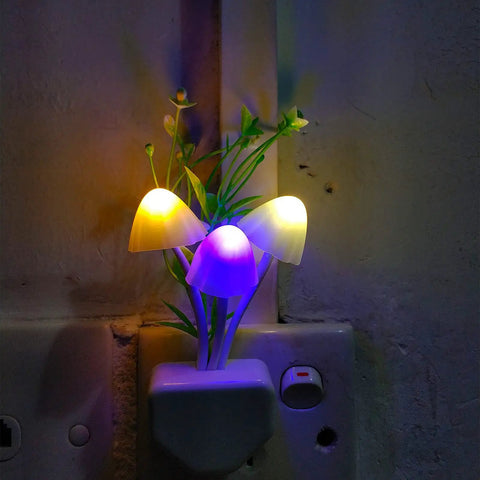 Sensor LED Night Light Color Changing Plug In Mushroom Lamp Dream Bed Light with glowing mushroom-shaped heads
