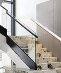 Top Shelf Pine Wood Indoor Guardrail In Crisp White With Non Slip Grip Heavy Duty Iron Supports installed on a modern staircase.