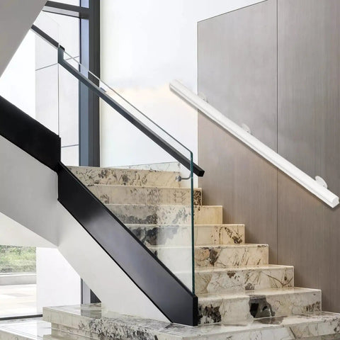 Top Shelf Pine Wood Indoor Guardrail In Crisp White With Non Slip Grip Heavy Duty Iron Supports installed on a modern staircase.