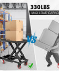 Hella Sturdy Hydraulic Lift Table Cart 1100 Pound Capacity Scissor Work Platform with boxes and manual pump in warehouse setting.