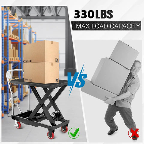 Hella Sturdy Hydraulic Lift Table Cart 1100 Pound Capacity Scissor Work Platform with boxes and manual pump in warehouse setting.