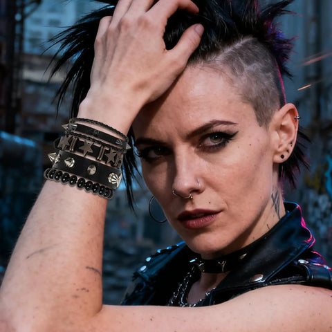 Dope Eight Piece Punk Rock Studded Leather Bracelet Set With Adjustable Spiked Zinc Cuffs worn on model's wrist.
