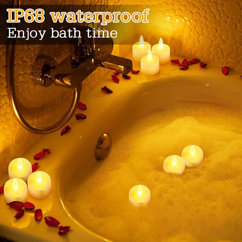 Rechargeable Tea Lights With Remote 100 Hour Flicker Waterproof LED Candles in bathtub setting