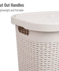 Slim Laundry Hamper With Lid 50L Capacity Clothes Basket in ivory plastic wicker look with cut out easy carry handles, close-up view.