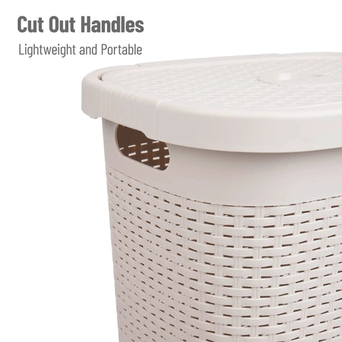 Slim Laundry Hamper With Lid 50L Capacity Clothes Basket in ivory plastic wicker look with cut out easy carry handles, close-up view.