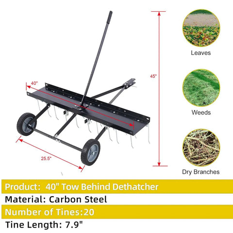 40 Inch Tow Behind Dethatcher With 20 Rust Proof Heat Treated Tines For Quick Thatch Removal Easy Pull Behind Mower Attachment