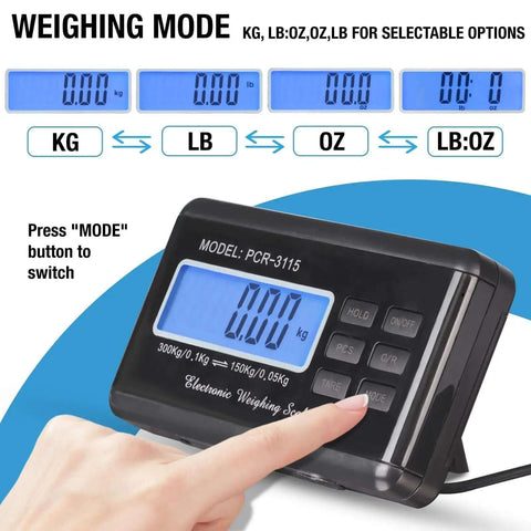 Control panel of Beefy 660 Pound Postal Shipping Scale With 14 By 12 Inch Stainless Platform LCD Backlit Display showing unit modes.