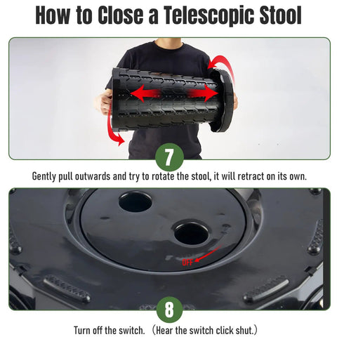 Person demonstrating how to close Ultra Sturdy Foldable Stool for Outdoor Adventures Portable Collapsible Chair, instructions visible.