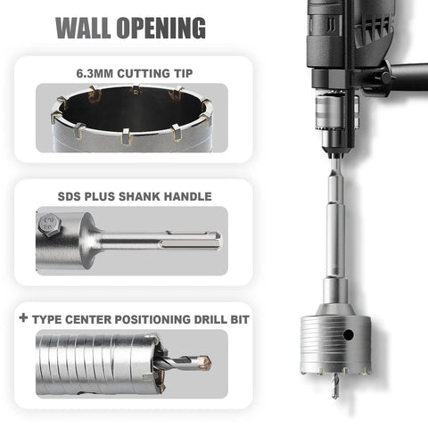 No Nonsense Heavy Duty 1.5 Inch Concrete Hole Saw With SDS Plus Shank And Four Inch Extension Rod, showcasing cutting tip and shank.