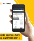 Wooden mannequin holding smartphone displaying PartsBroz website for household appliance parts