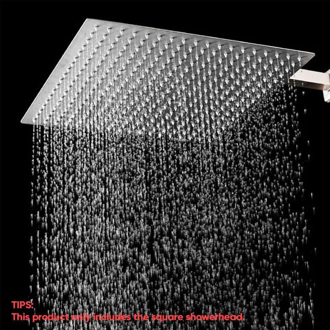 Sixteen Inch Square Rain Shower Head With High Pressure Waterfall Flow, Ultra Thin One Sixteenth Inch Stainless Steel Brushed Finish