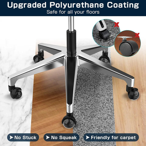 Swap Out Your Clunky Rollers With Heavy Duty Smooth Rolling Office Chair Ball Casters Set Of 5 Featuring Precision Bearings and Thick Polyurethane Wheels That Glide Flawlessly Across Hardwood Floors Up To Two Thousand Pounds, showcasing upgraded polyurethane casters and chair base on hardwood and carpet.