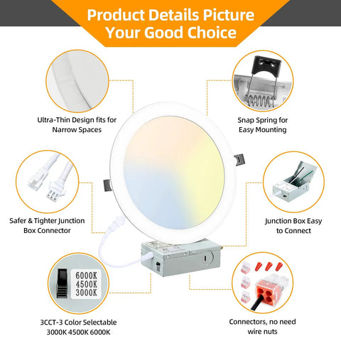 Diagram of 12 Pack 8 Inch LED Recessed Downlights With Junction Box Ultra Thin Design, Dimmable Canless Fixture features.