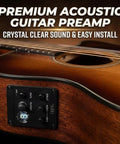 Guitar showcasing 2 Band Acoustic Guitar Preamp With Piezo Pickup And Built In LCD Tuner Low Profile Onboard Equalizer.