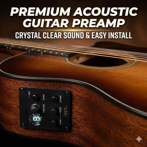 Guitar showcasing 2 Band Acoustic Guitar Preamp With Piezo Pickup And Built In LCD Tuner Low Profile Onboard Equalizer.