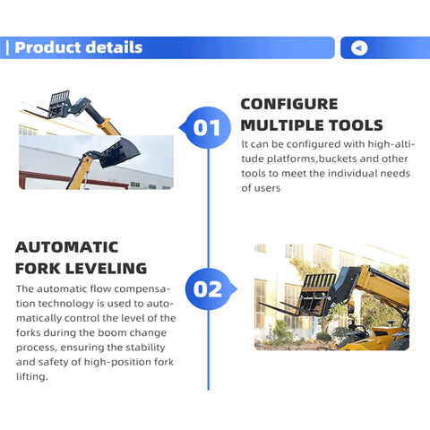 Industrial Rock Solid Telescopic Handler Forklift With Seven To Ten Meter Reach Boom and Smart Safety System showing tool configuration details.