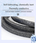 Two black graphite braided compression packing rope coils, 0.79 in diameter, 36 ft long for pump glands.