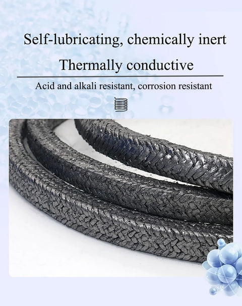 Graphite braided packing rope, coiled view, for pump glands/valves, 0.98 inch diameter, 23 ft per roll, two rolls.