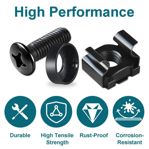 Rock Solid M6 Cage Nuts and Rack Screws Kit Made from Heavy Duty Carbon Steel for Server Racks and Computer Cases Superior Strength and Corrosion Resistance to Keep Your Setup Locked in Tight featuring screw, washer, and cage nut.