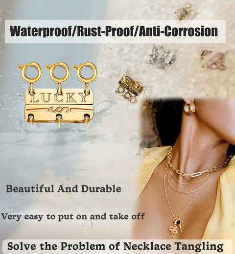 Layering Necklace Clasp That Keeps Your Chains From Tangling, Magnetic Connector In 18K Gold And Silver Tone, installed with chains