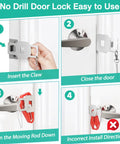 No drill installation steps for Portable Door Lock For Travel And Home Security Easy Install Defender Latch in use on door.